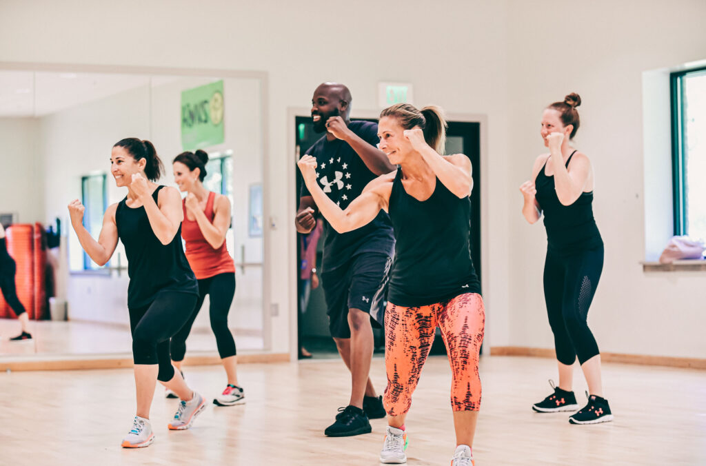 A group fitness class.