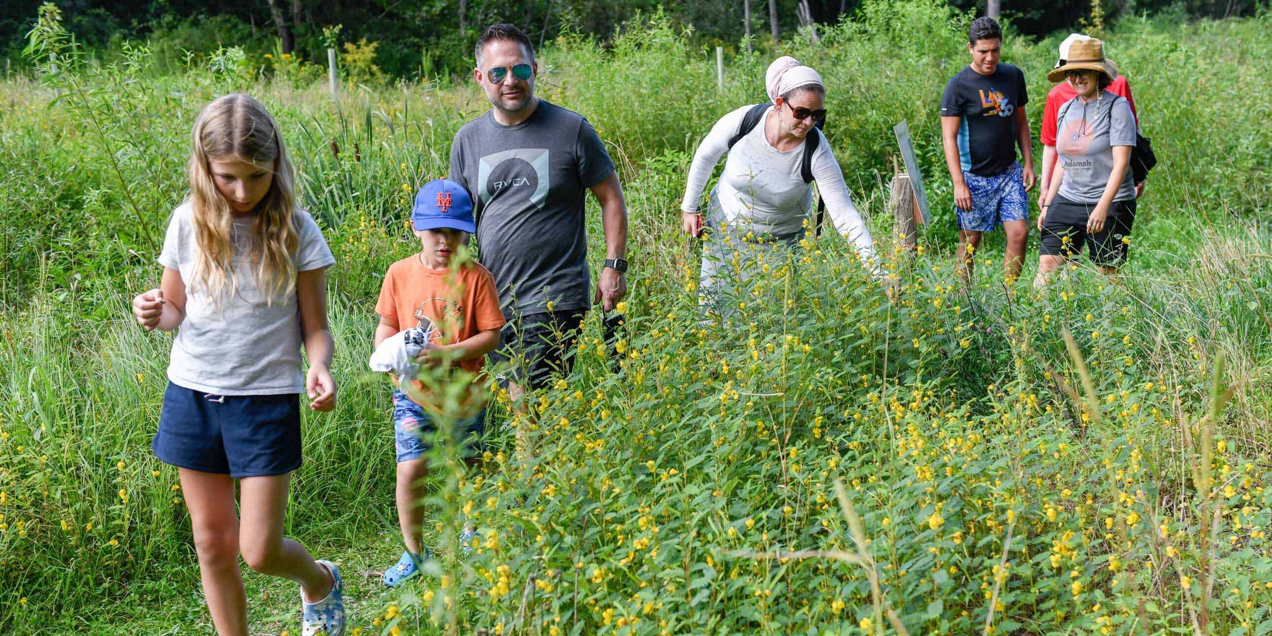 Family walking through field of grass and flowers